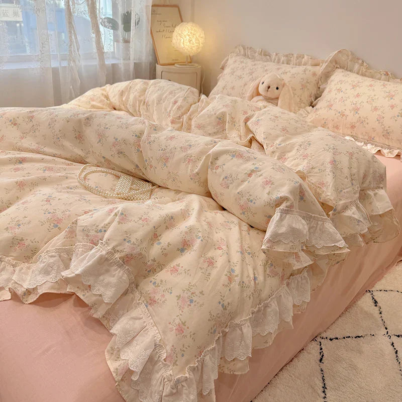 Decobites Floral Lace Ruffles Bedding Set in 100% Cotton, Korean Style, Single/Queen/King Size