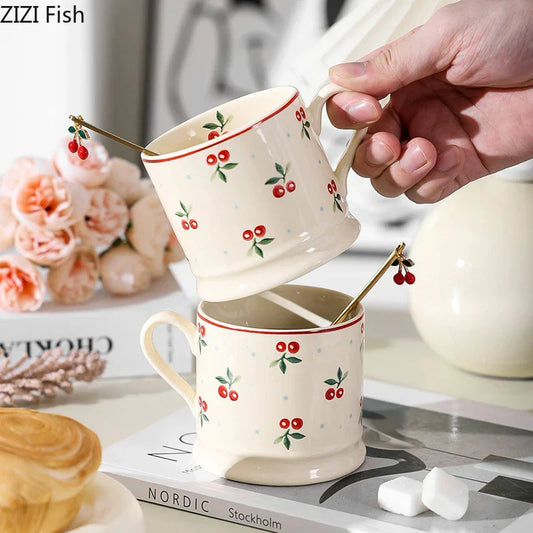 DecorBites™ Cherry Pattern Porcelain Coffee Mug - Lovely Tableware Cup for Afternoon Tea
