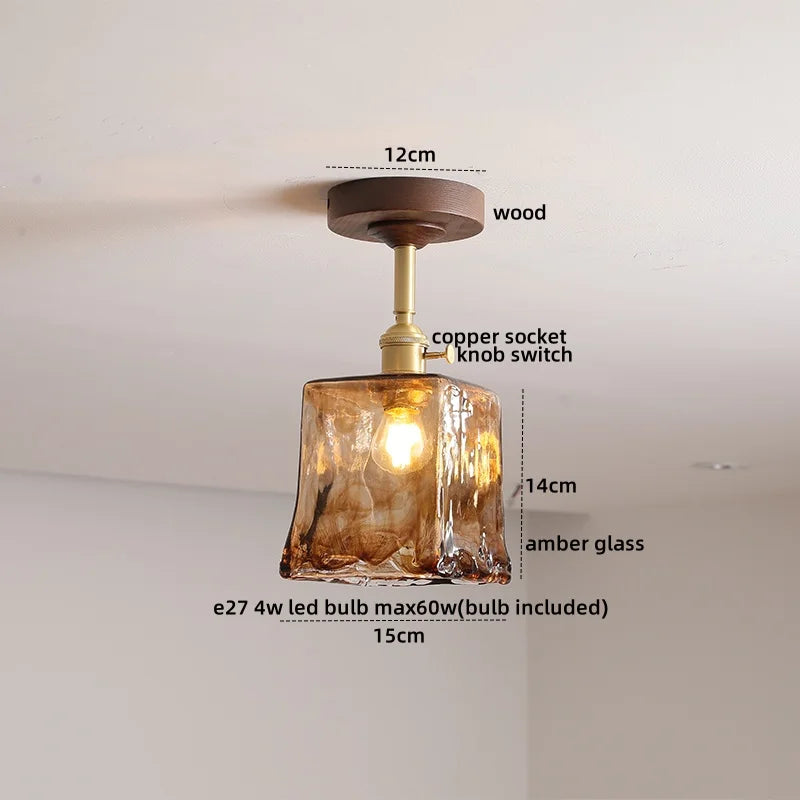 Green Glass Ceiling Lamp Copper Wood Accent