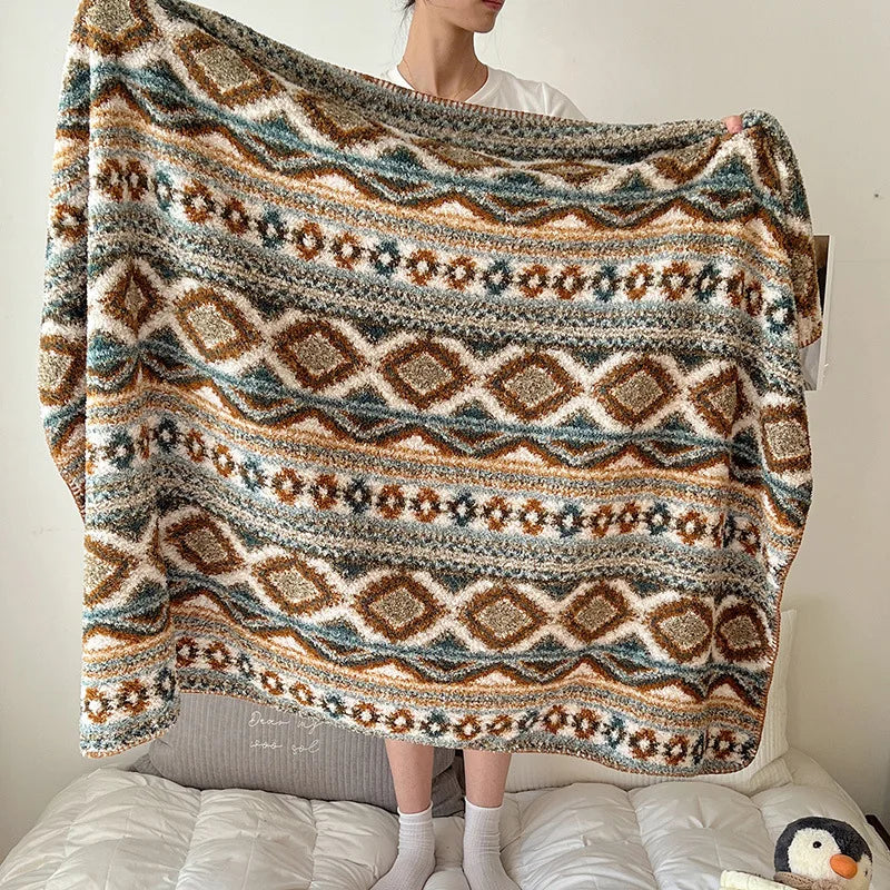 DecorBites™ Boho Printed Blanket: Cozy, Multi-Functional, Half-Flannel Shawl, Single/Double Bedspread