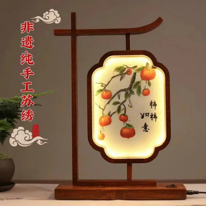 DecorBites™ Chinese Style Embroidered Desk Lamp Decoration Screen - Double-Sided Home Table Decor