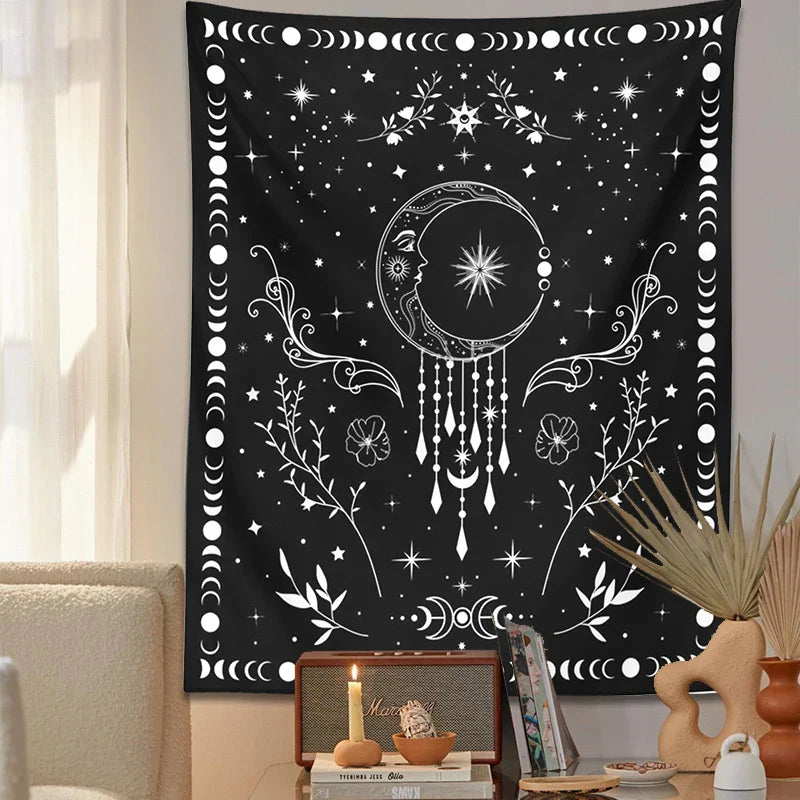 Decobites Celestial Moon Phase Tapestry with Floral Accents