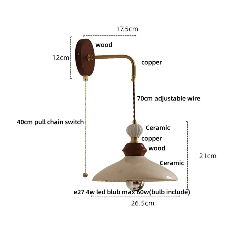 DecorBites™ Ceramic LED Wall Light Copper Pull Chain Wood Base Modern Bedside Lamp