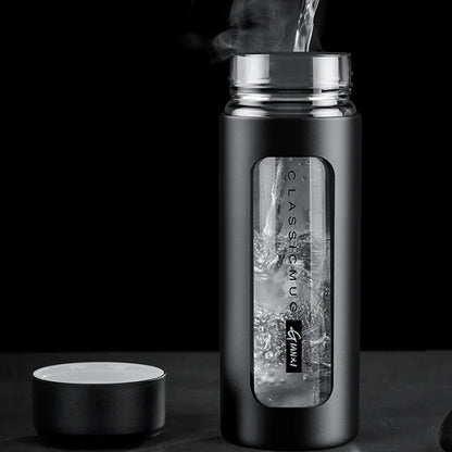 DecorBites™ Double Glass Water Bottle with Lid – Insulated Portable Tea Coffee Mug