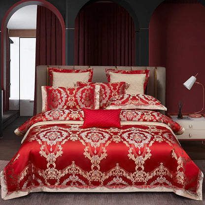 Decobites Silky Satin Jacquard Cotton Bedding Set, Luxury European Style, 4 or 6 Pcs