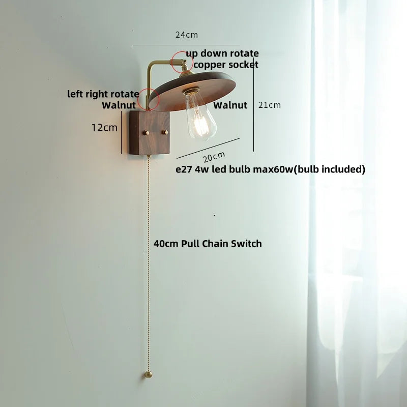 DecorBites™ Copper LED Wall Light Sconce Pull Chain Switch Rotatable Bedside Lamp