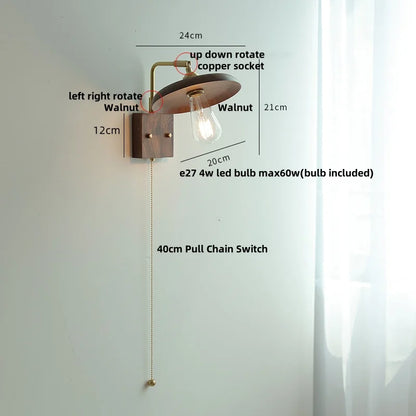 DecorBites™ Copper LED Wall Light Sconce Pull Chain Switch Rotatable Bedside Lamp