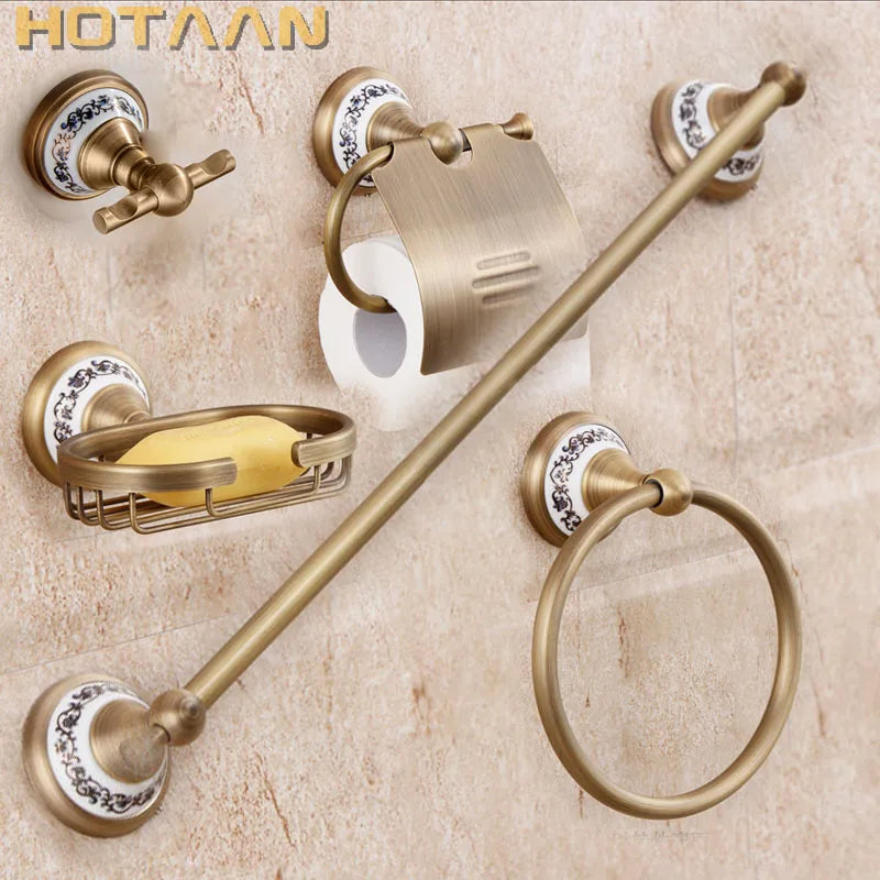 DecorBites™ Brass Bathroom Accessories Set: Robe hook, Paper Holder, Towel Bar, Soap Basket