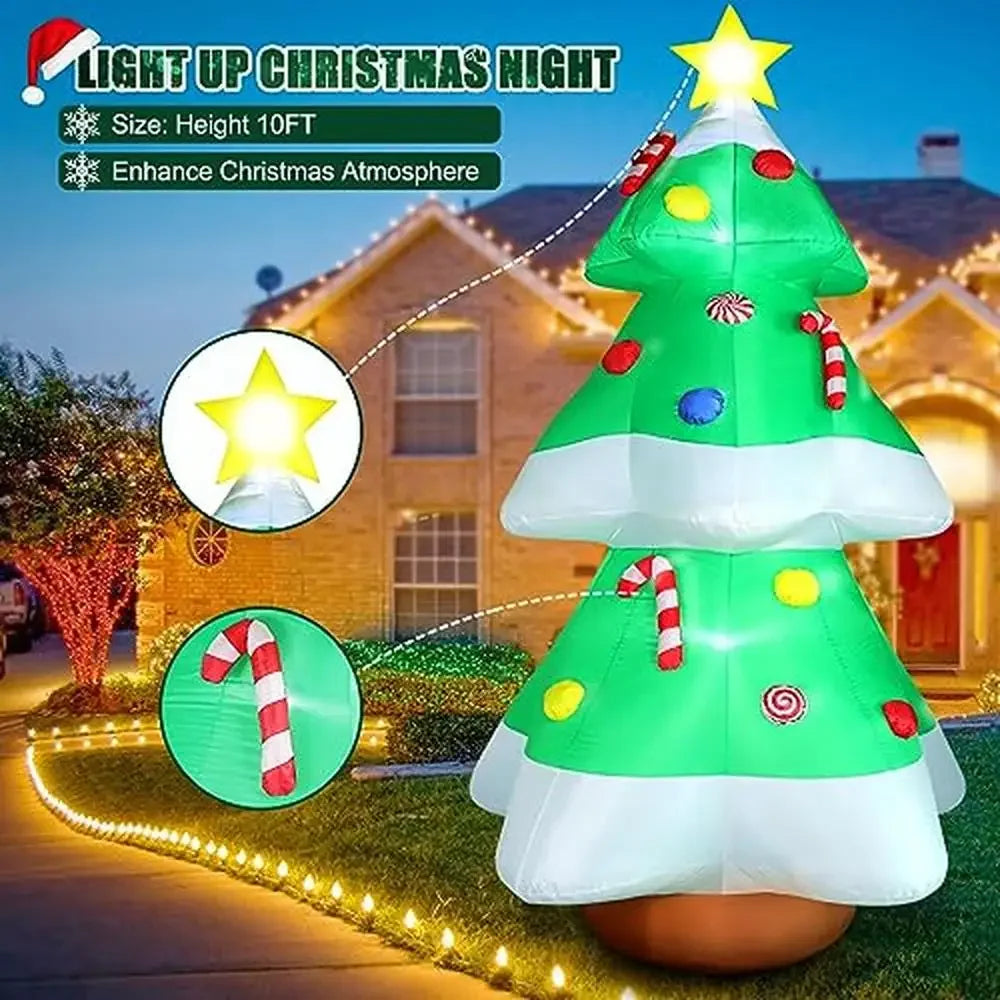 Christmas Inflatable Tree Outdoor Decor with LED Lights 10FT Giant Blow Up Christmas Yard Decoration Star Treetop Eye-Catching