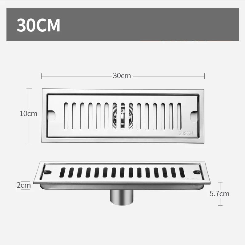 DecorBites™ Black Stainless Steel Floor Drain for Toilet Shower Room, Large Overflow, Odorproof, Rectangle