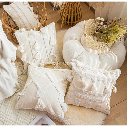 DecorBites™ Ethnic Tufted Cushion Case, Pure White Handmade Throw Pillow Cover