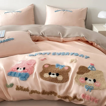 DecorBites™ Cartoon Embroidered Cotton Bedding Set with Ice Silk Cooling Technology