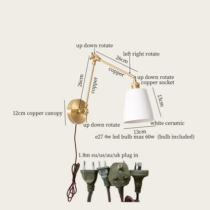 DecorBites™ Ceramic LED Wall Lamp, Pull Chain Switch, Nordic Copper, Small Size