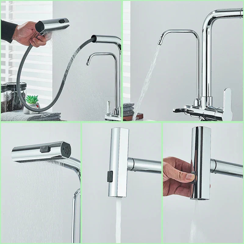 DecorBites™ 3-Mode Waterfall Kitchen Faucet with 360° Rotation and Pull Out Spray
