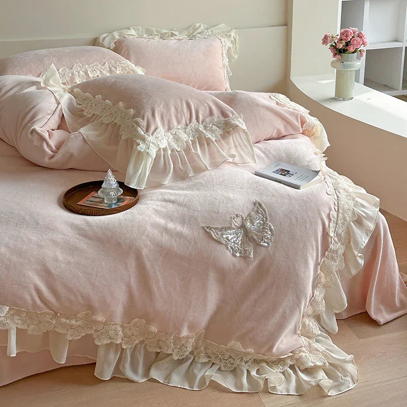 Decobites Velvet Fleece Bedding Set with Butterfly Embroidery and French Hollow Lace