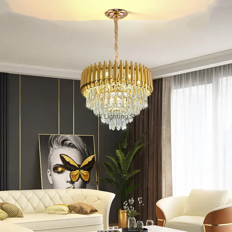 DecorBites™ Gold Crystal LED Pendant Light: Modern Luxury Suspension Lamp for Living Room & Restaurant