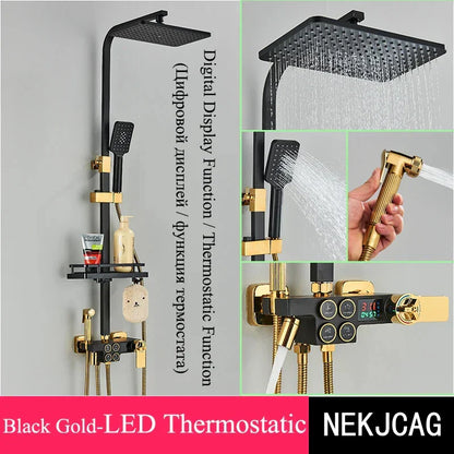 DecorBites™ Digital Display Thermostatic Shower Faucet Set, Rain Shower Column, Wall Mount - Black/Chrome