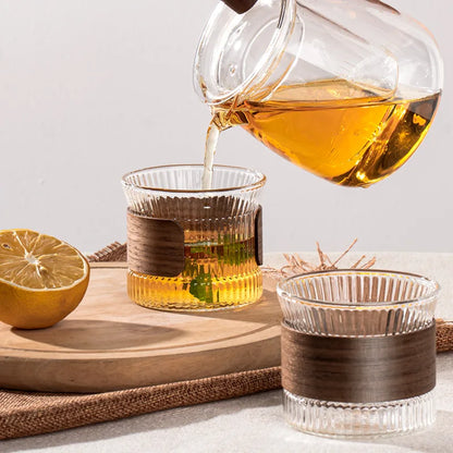 DecorBites™ Japanese Glass Tea Cup Set with Walnut Sleeve - High Quality Transparent Drinkware
