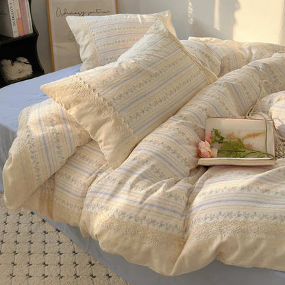 DecorBites™ Lavender Lace Bedding Set: Single Queen Size Duvet, Sheet, Pillowcases