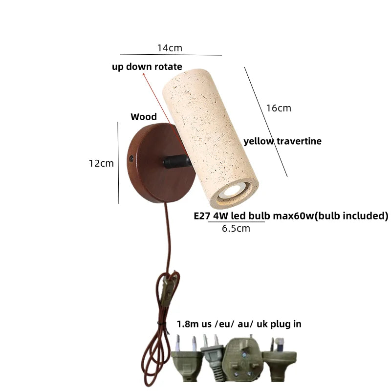 Aplique de pared LED DecorBites™ de madera de travertino amarillo, estilo nórdico moderno, con función de rotación.