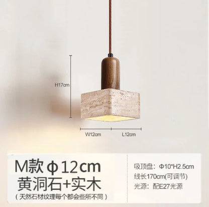 DecorBites™ Japanese Wooden Stone Chandelier Pendant Light, Wabi-Sabi Style Yellow Cavity-Stone Lamp