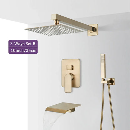 DecorBites™ Brushed Gold Shower Faucet Set 2/3 Way Rainfall Bathtub Mixer Wall Mounted Box