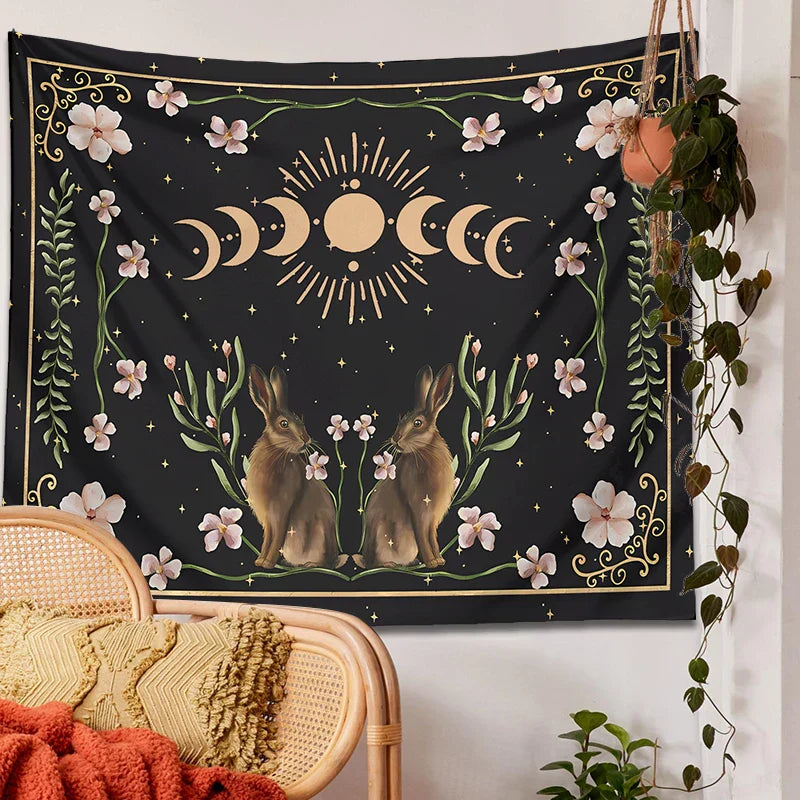 Decobites Moon Phase Rabbit Tarot Cloth Celestial Botanical Wall Hanging