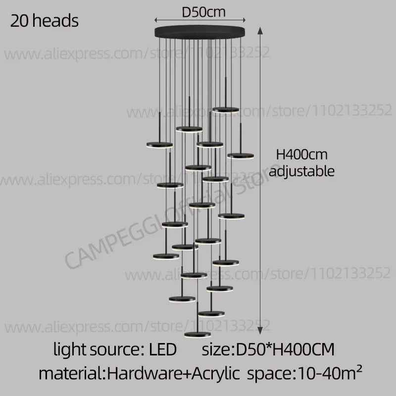 DecorBites™ Golden Black LED Long Chandelier for Home, Restaurant, and Cafe