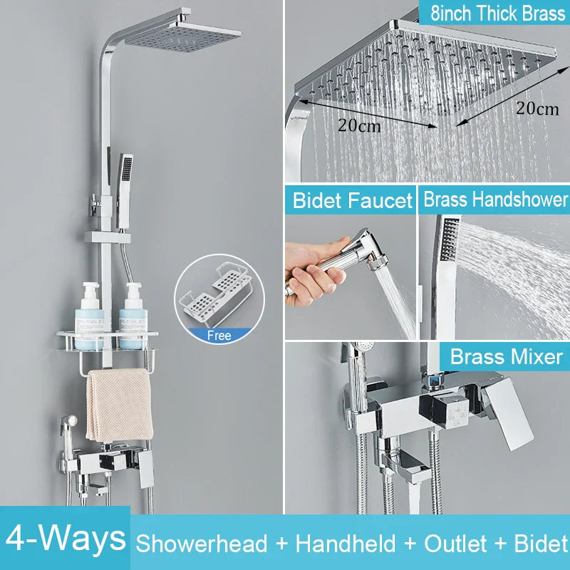 DecorBites™ Black Brass Shower Faucet Set Rainfall Bathtub Tap With Bathroom Shelf