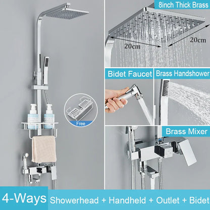 DecorBites™ Black Brass Shower Faucet Set Rainfall Bathtub Tap With Bathroom Shelf