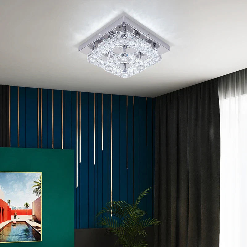 DecorBites™ Crystal LED Ceiling Light: Modern Square K9 Chandeliers, Dimmable Stainless Steel Fixture.