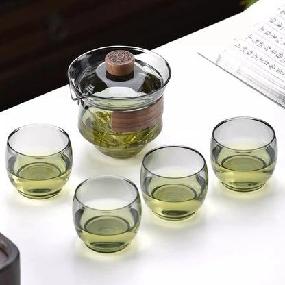 DecorBites™ Glass Teapot Set: Chinese Kung Fu Tea Bamboo Tray & Quick Drain Storage