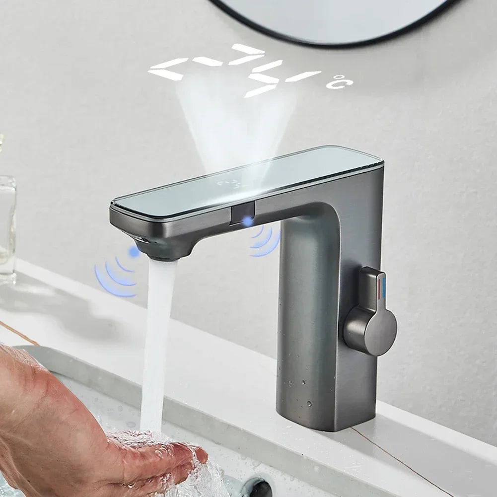 Touchless Sensor Tap Basin Faucet Brass Smart Digital Display Bathroom Sink Faucet Hot Cold Water Mixer Tap Battery Power