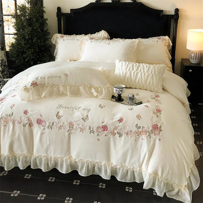 Decobites Rose Butterfly Embroidery Velvet Bedding Set with Lace Details