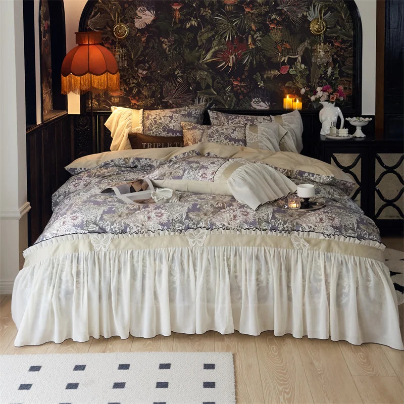 Decobites Exquisite Lace Ruffle Butterfly Egyptian Cotton Bedding Set