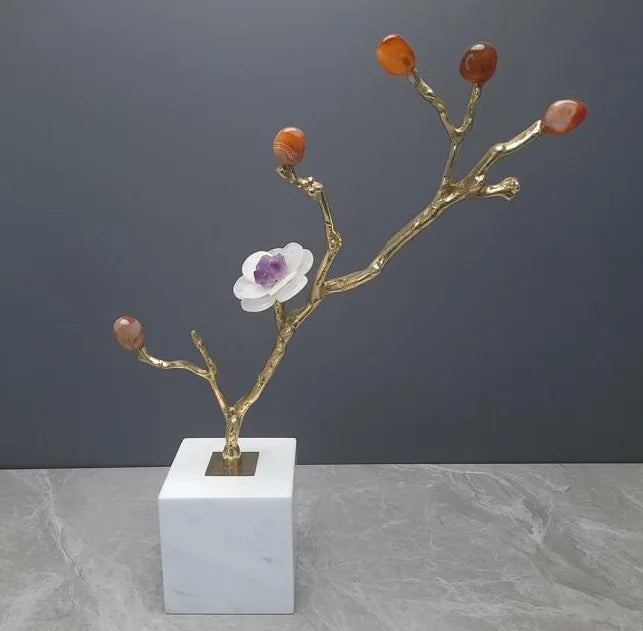 DecorBites™ Crystal Flower Tree Sculpture: Golden Branches Metal Figurine for Home Decor
