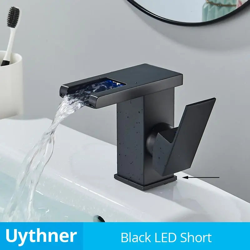 Grifo mezclador de agua fría y caliente con cascada LED DecorBites™ para lavabo de baño, montaje sobre encimera
