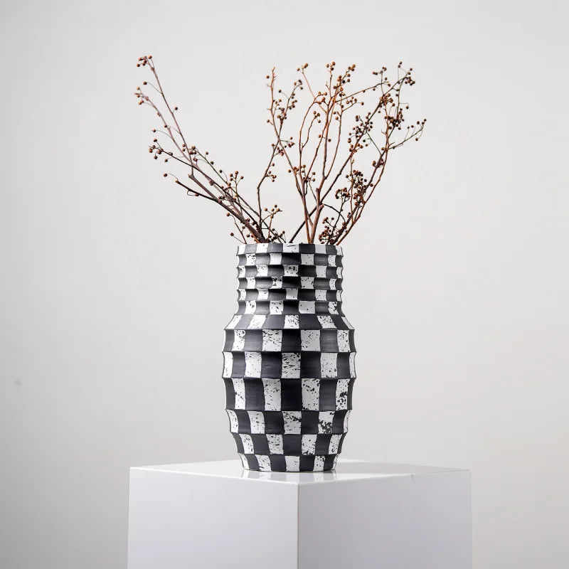 DecorBites™ Black Check Geometric Striped Ceramic Vase - Handcrafted Floral Arrangement Pot