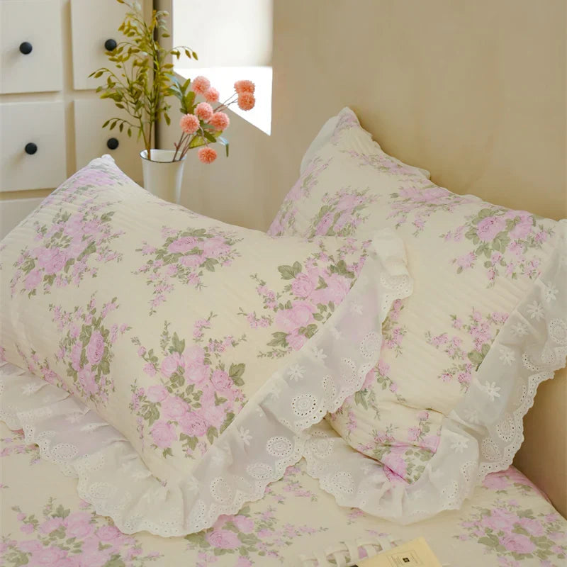 Decobites Cotton Floral Ruffles Quilted Bedspread Set with Pillowcases