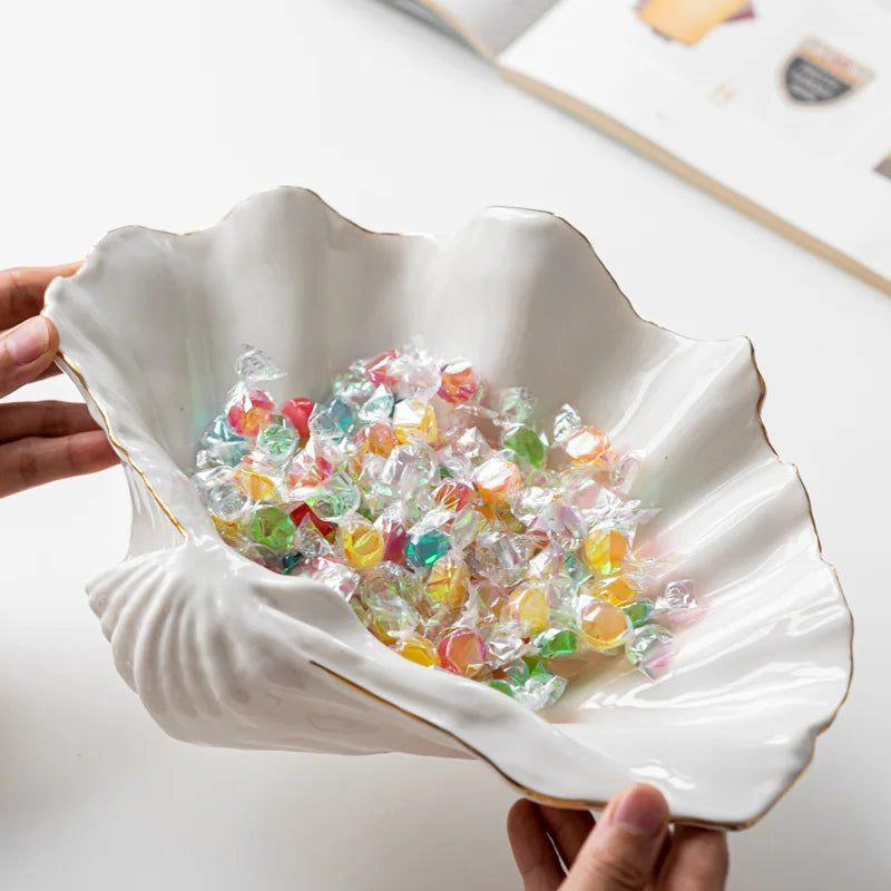 Cuenco de Concha Marina de Cerámica Oro Decorbites™: Bandeja de Almacenamiento Decorativa de Lujo para Dulces, Frutas, Joyería