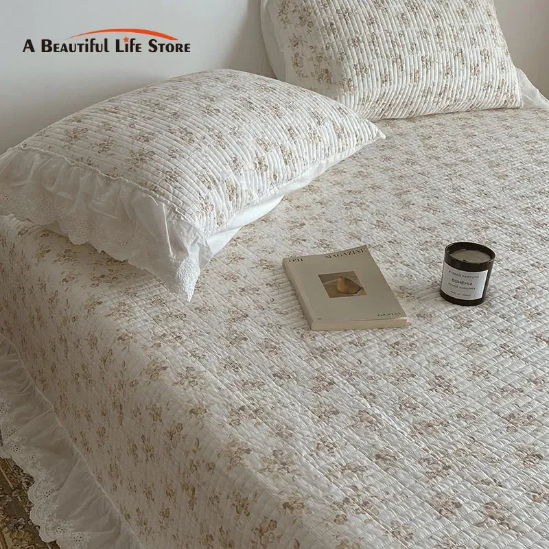 Decobites Floral Lace Ruffles Cotton Bedspread Set with Quilted Design & Pillowcases