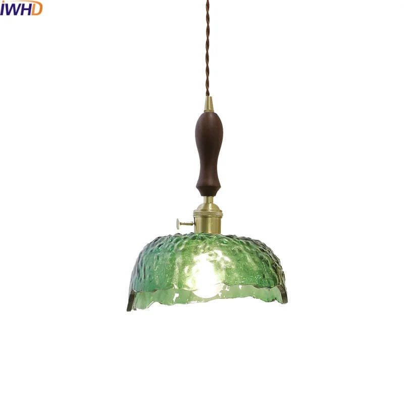 DecorBites™ Green Glass LED Pendant Lamp with Knob Switch, Copper Chandelier