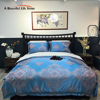 Decobites Blue Satin Jacquard Queen Duvet Cover Set with Sheet & Pillowcases