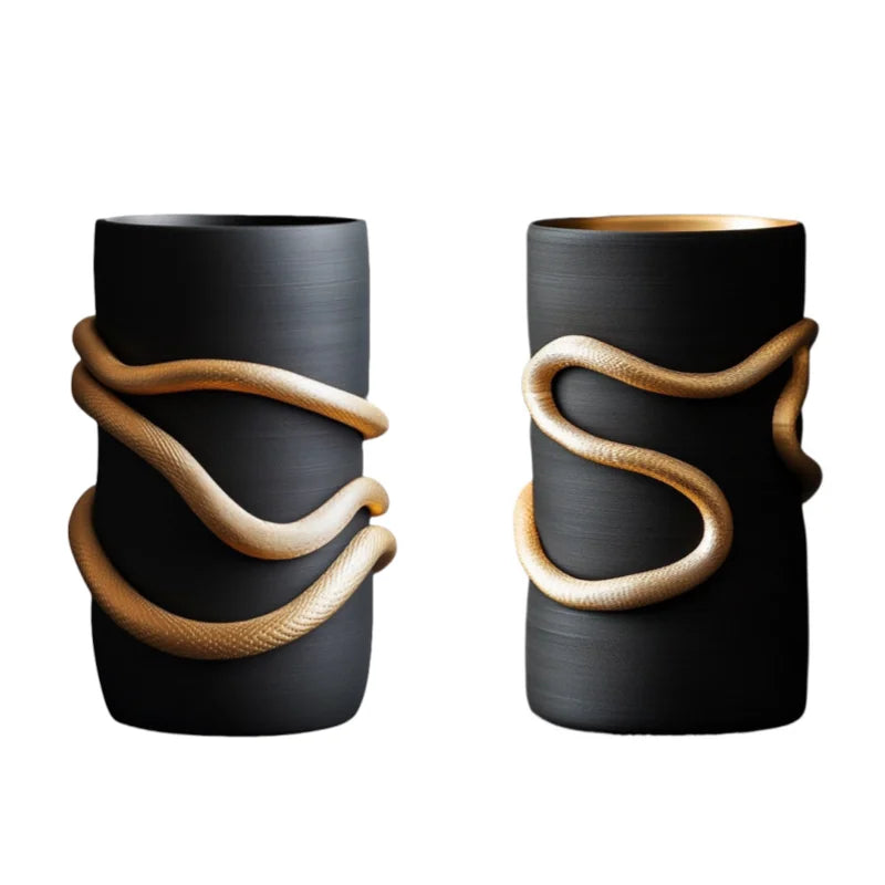 DecorBites™ Black Snake Pattern Vase with Gold Accents