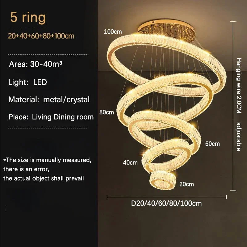 DecorBites™ Golden Crystal Chandelier: Nordic Modern Luxury LED Hanging Halo for Living Room