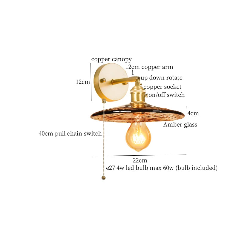 Amber Glass Wall Lamp Pull Chain Switch