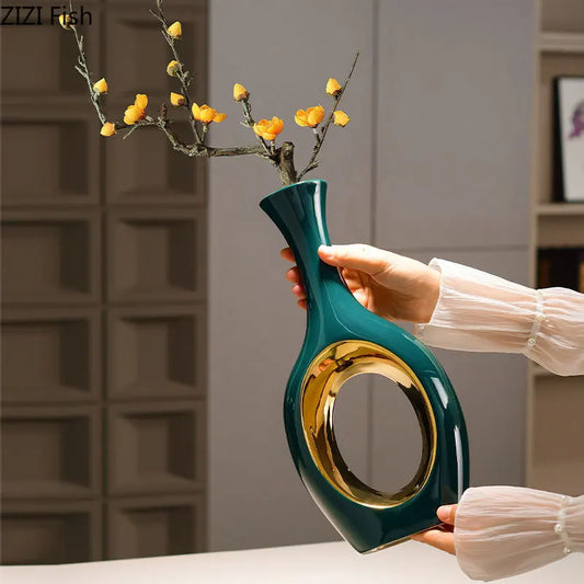 DecorBites™ Gold Ceramic Vase with Artificial Flowers | Table Decoration | Room Aesthetic Decor