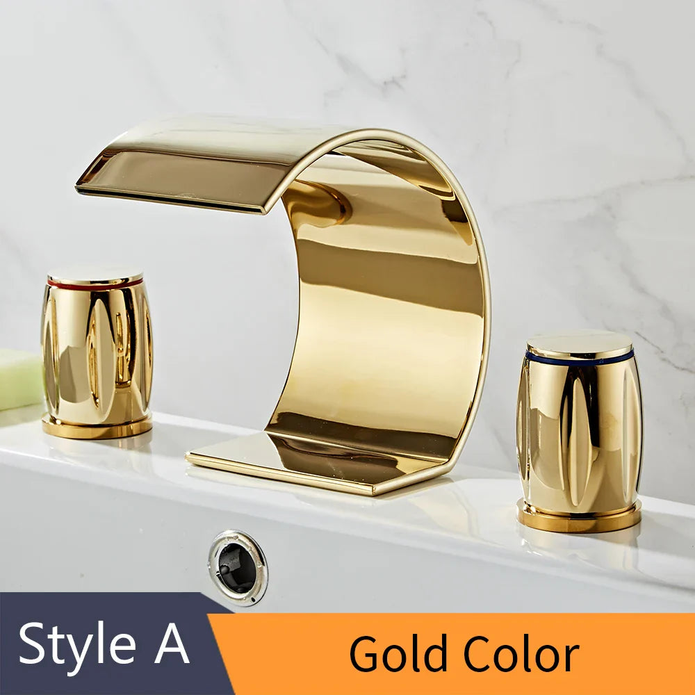 Grifo de Lavabo de Doble Asa en Oro Decorbites™ - Mezclador de Tres Agujeros para Lavabo de Baño