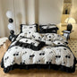 Decobites French Vintage Black Ruffles Duvet Cover Set with Pillowcases, Nordic Luxury Flowers Plant Bedding Set