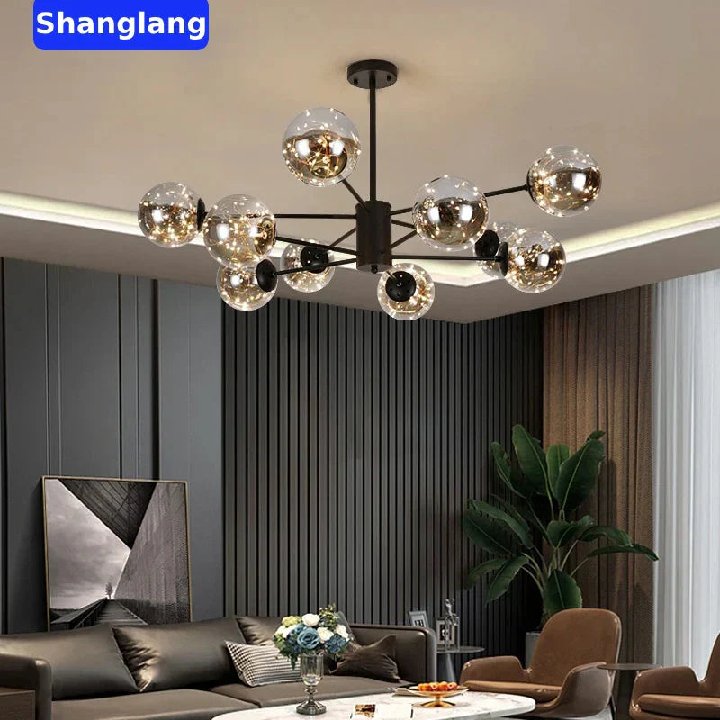DecorBites™ Black Glass Ball LED Chandelier for Living Room, Bedroom - Dimmable Nordic Luxury Fixture